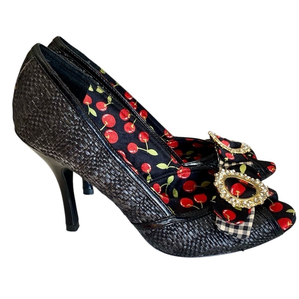 CHINESE LAUNDRY Heels Peep Toe Black Red Cherry Gold Tone & Crystals Women 9 - Picture 3 of 14